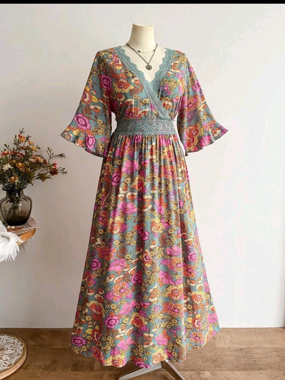 Boho Floral Maxi Dress in Teal and Pink